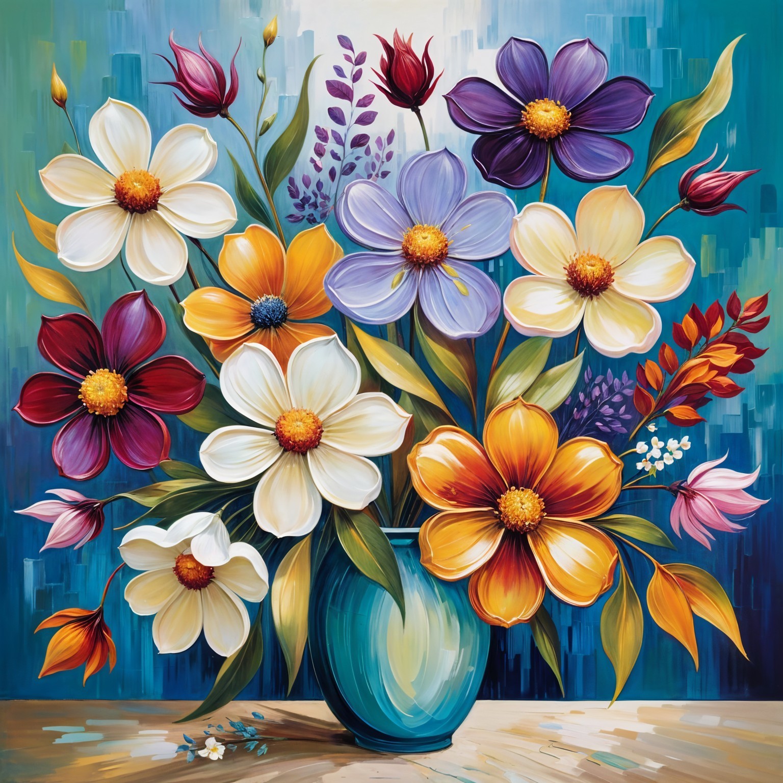 Vibrant Flower Bouquet in Teal Vase with Colorful Blooms