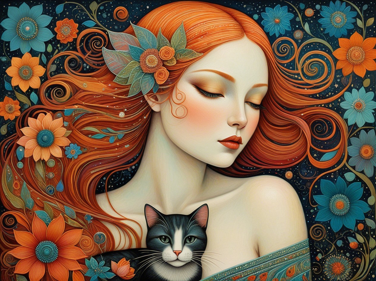 Serene Woman with Red Hair and Floral Elements