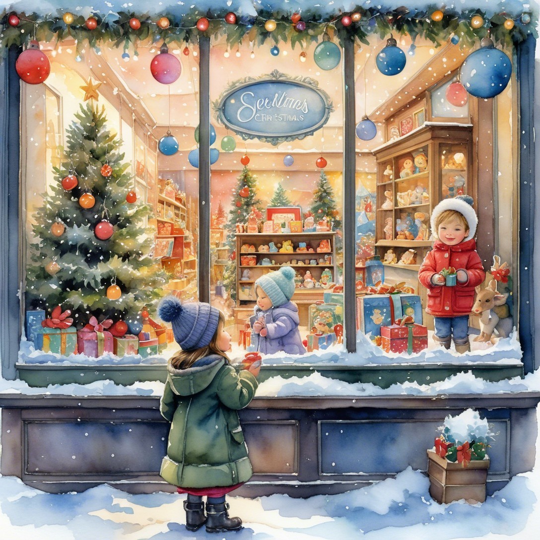 Cozy winter scene of a festive toy shop display