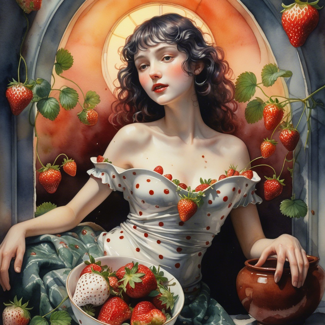 Young Woman in Off-Shoulder Dress Surrounded by Strawberries
