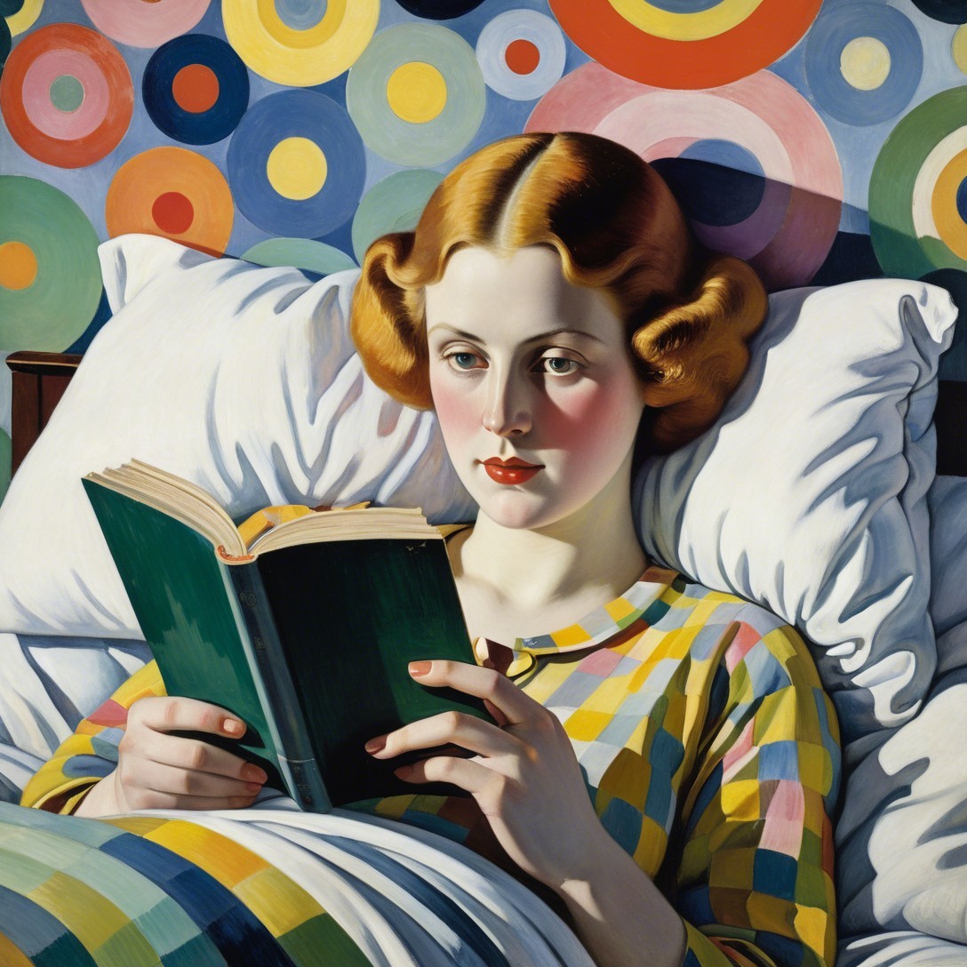 Painting of a Woman Reading in Bed with Colorful Attire