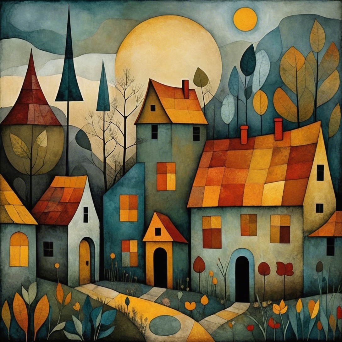 Whimsical Abstract Landscape with Colorful Houses