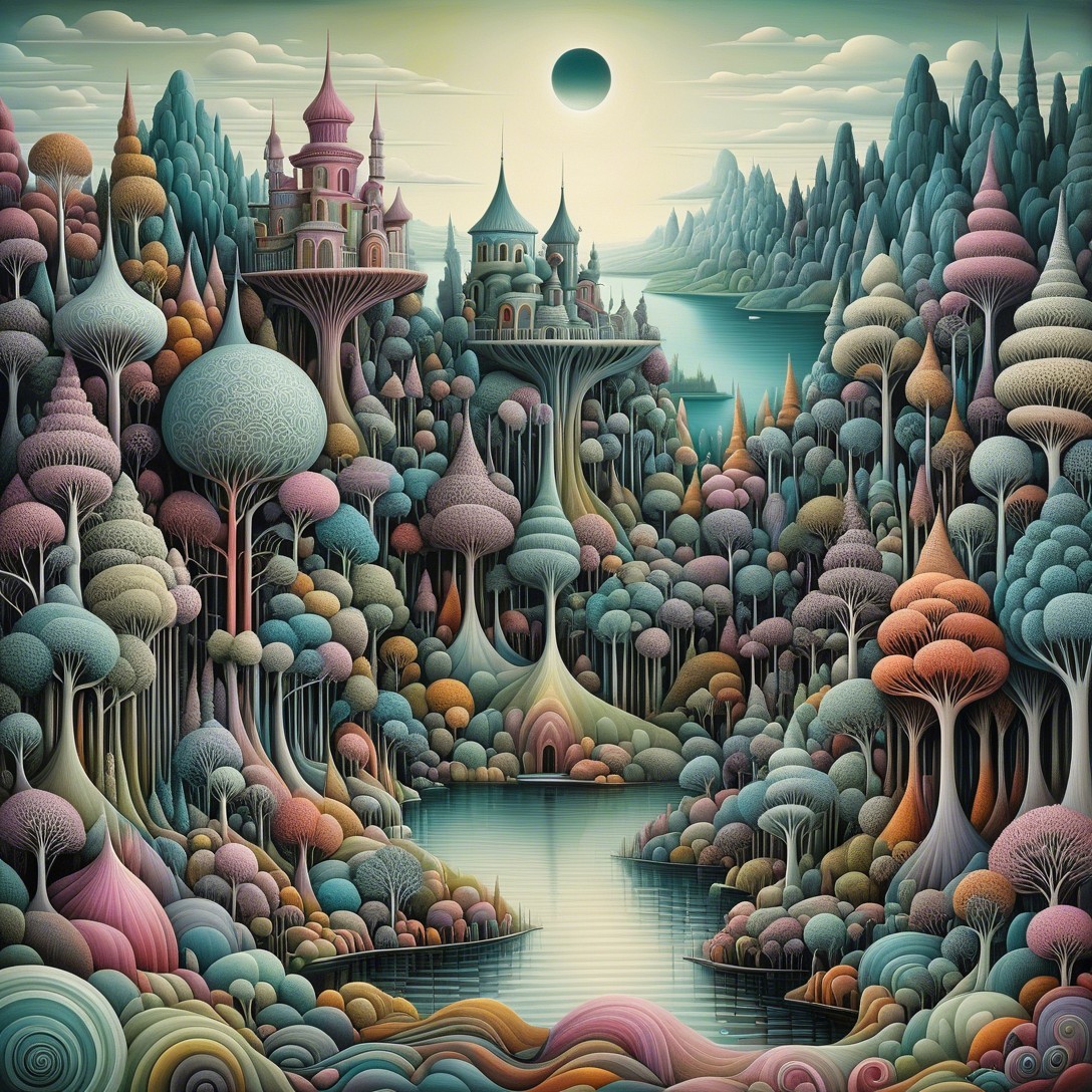Whimsical Landscape with Colorful Trees and Castles
