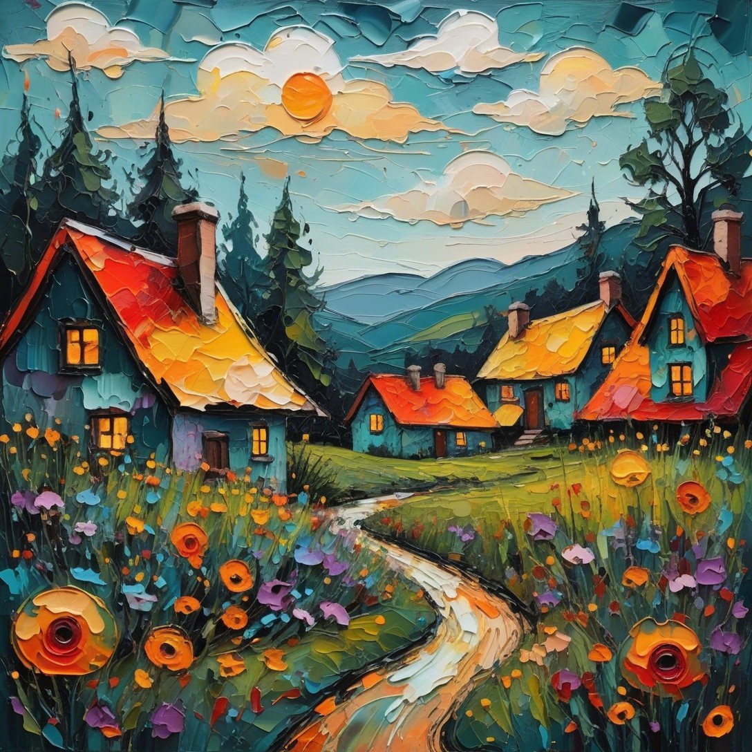 Vibrant Landscape with Colorful Houses and Wildflowers