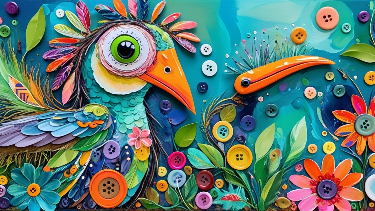 Colorful Artwork of Whimsical Bird in Floral Setting