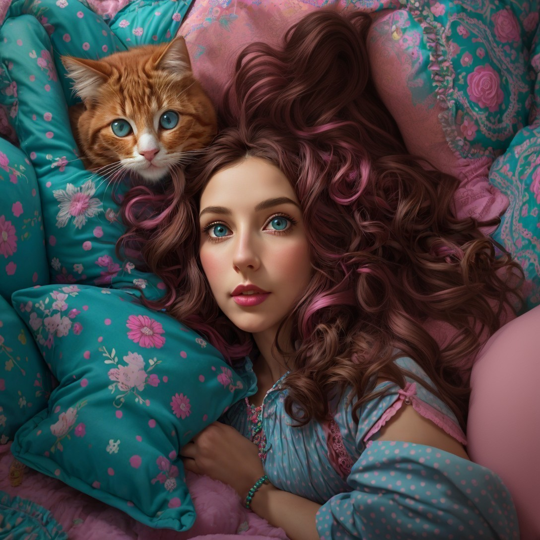 Girl with Long Brown and Pink Hair on Colorful Pillows
