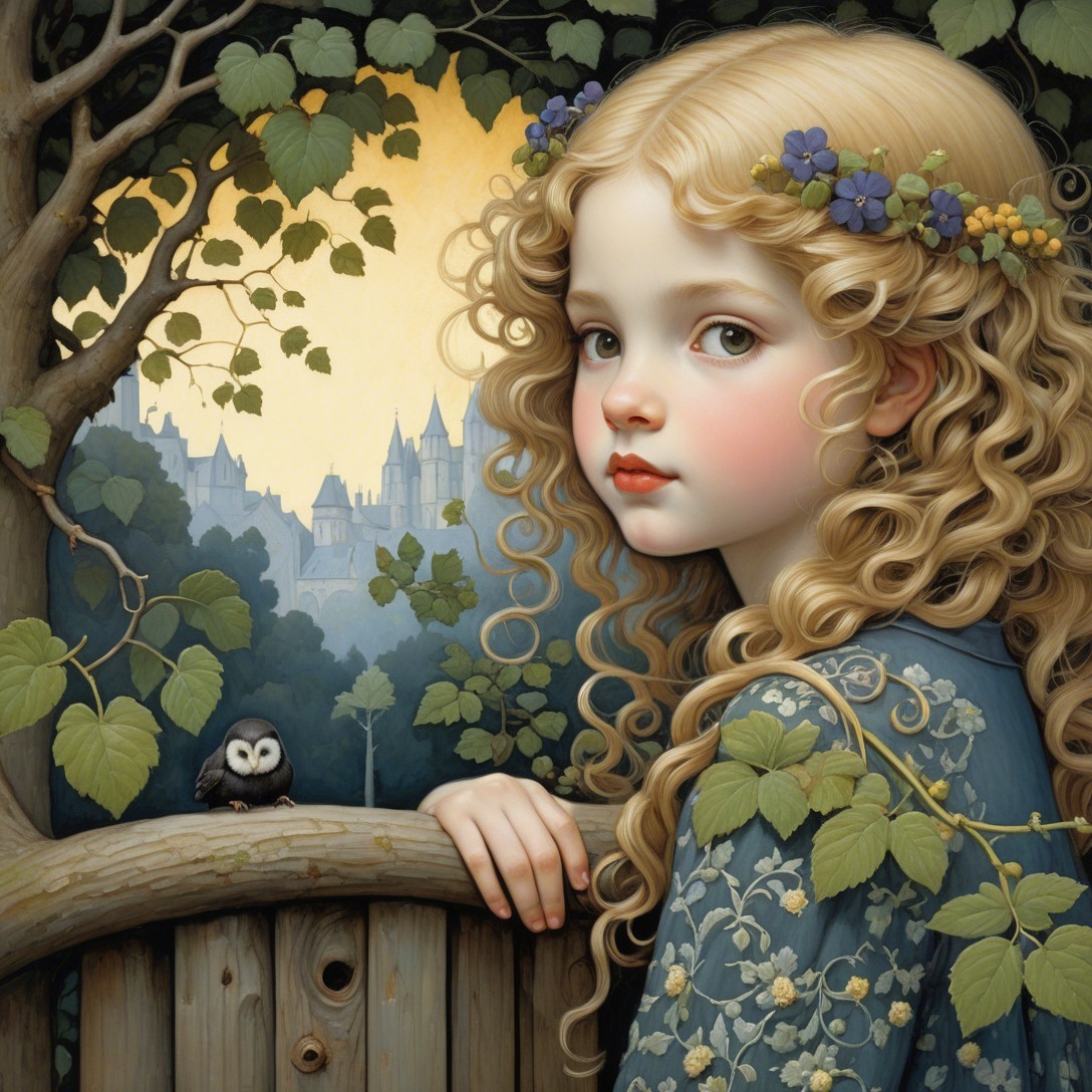Young girl with flowers and owl in fairy-tale setting