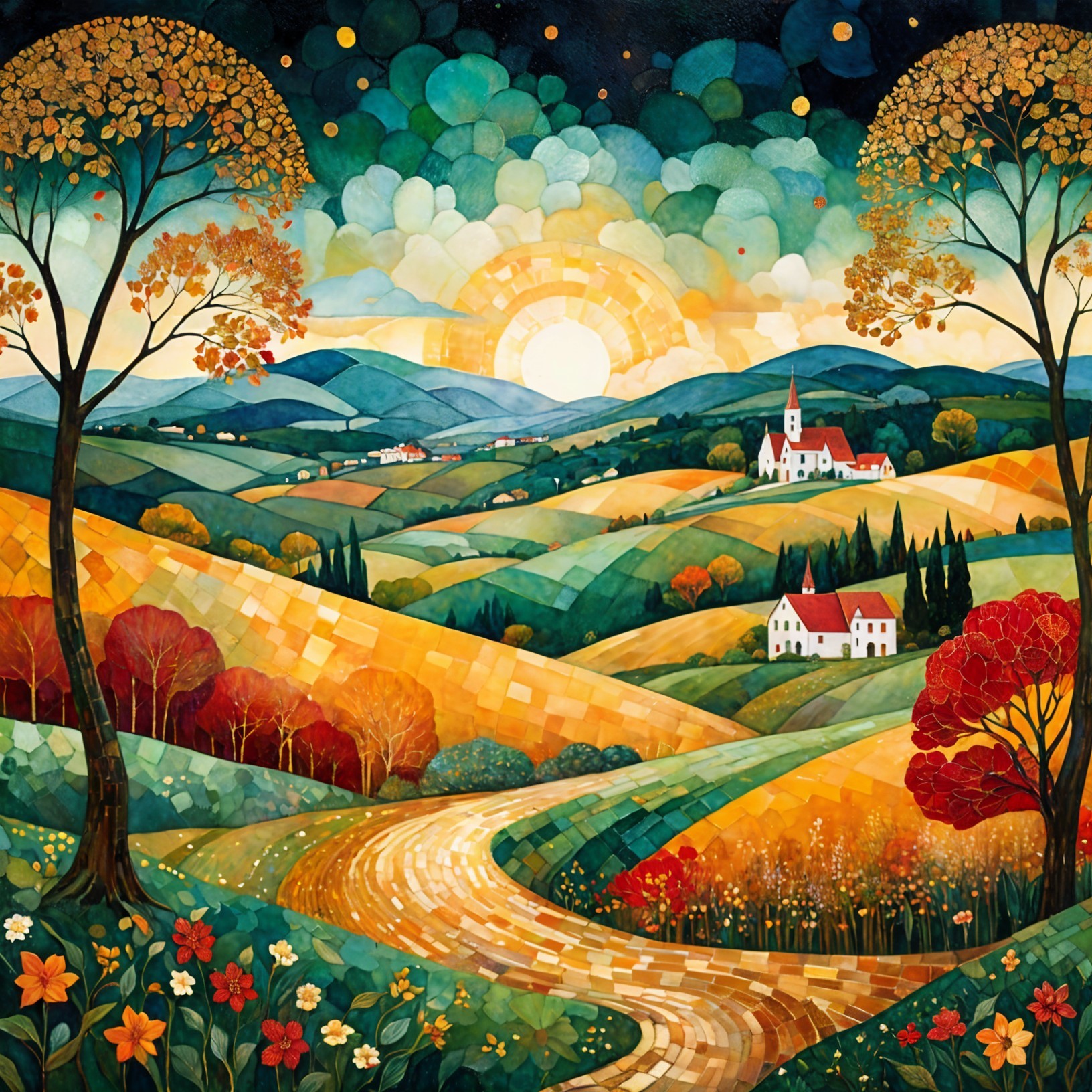 Vibrant Autumn Landscape with Rolling Hills and Village