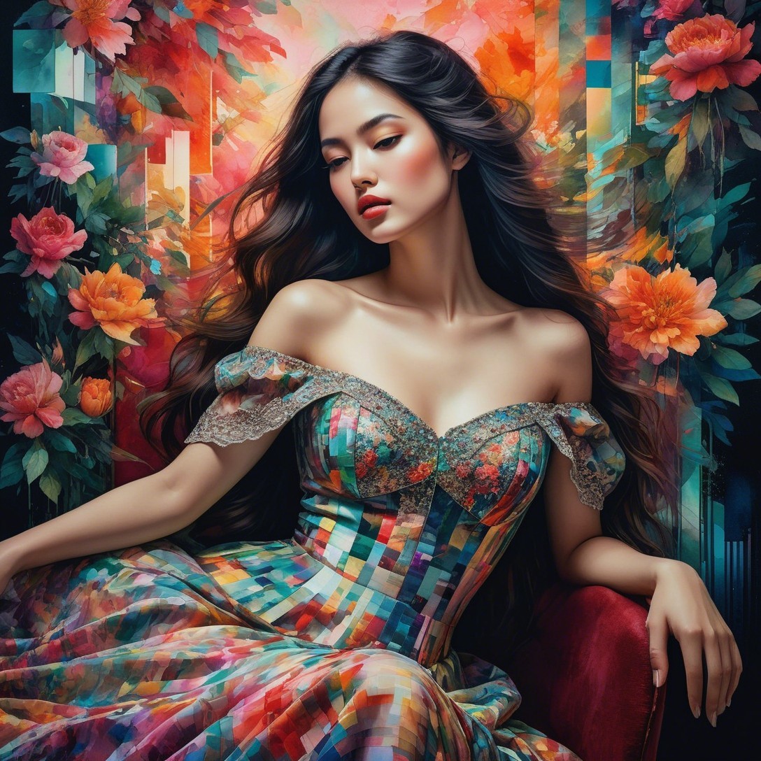 Young woman in vibrant dress amid floral backdrop