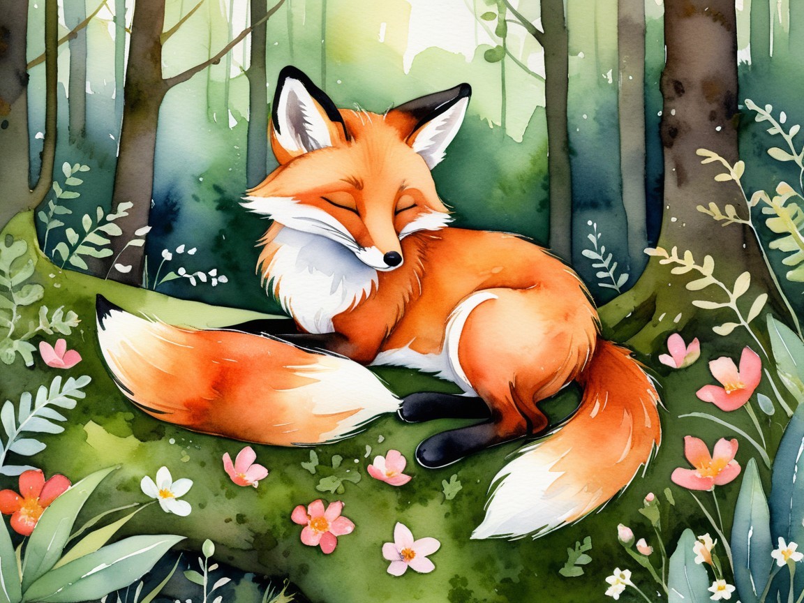 Watercolor of a fox on a mossy log in a forest