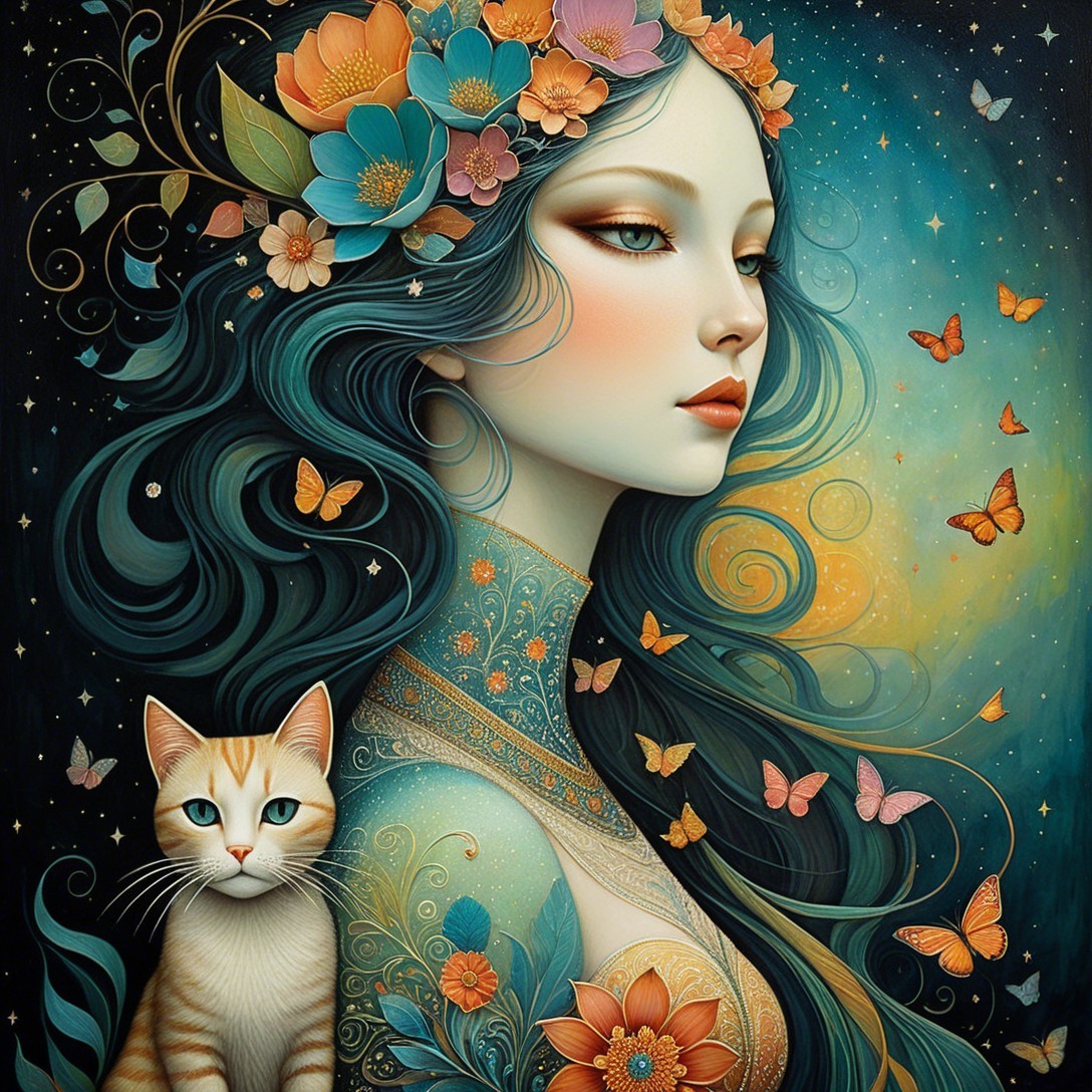 Serene woman with flowers and butterflies in artwork
