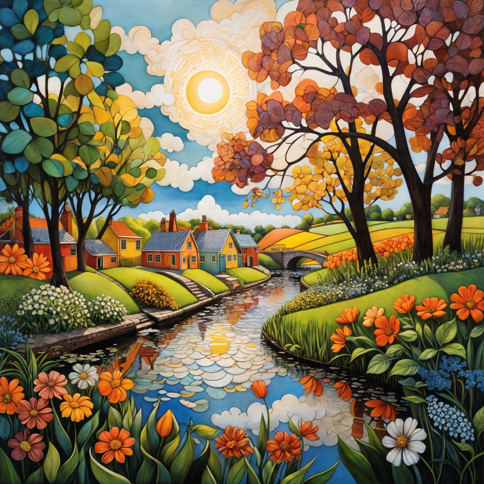 Vibrant Landscape with Serene River and Cozy Houses
