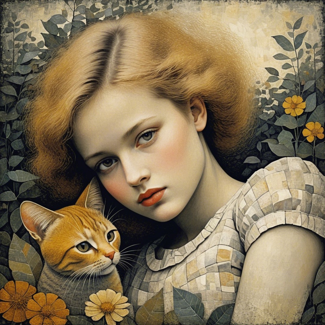 Young girl with blonde hair in nature with cat