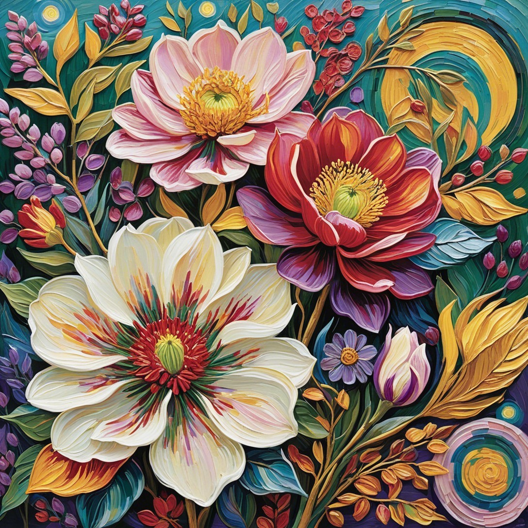 Vibrant Floral Composition with Rich Colors and Patterns