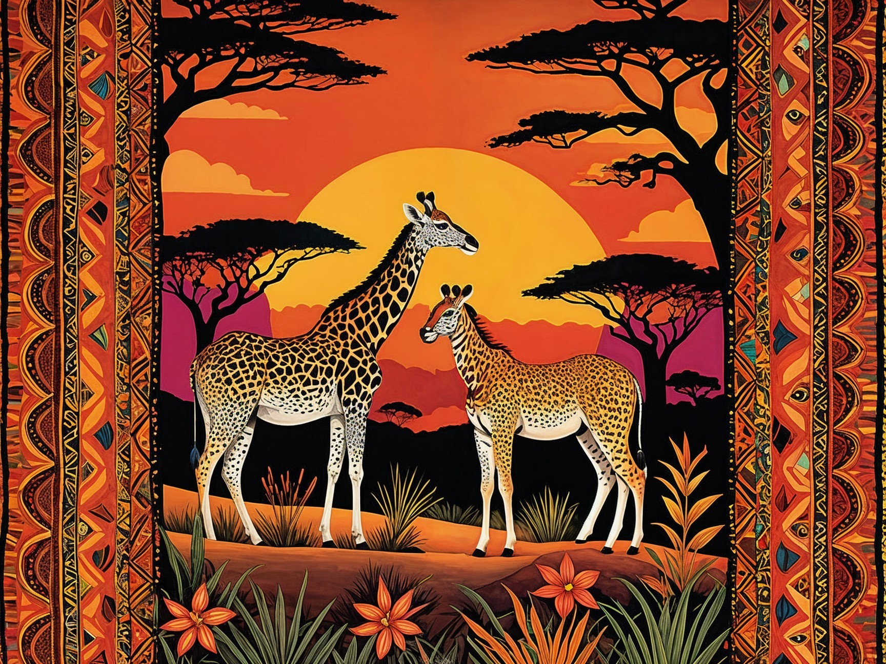 Giraffes in Savanna at Sunset with Tribal Patterns