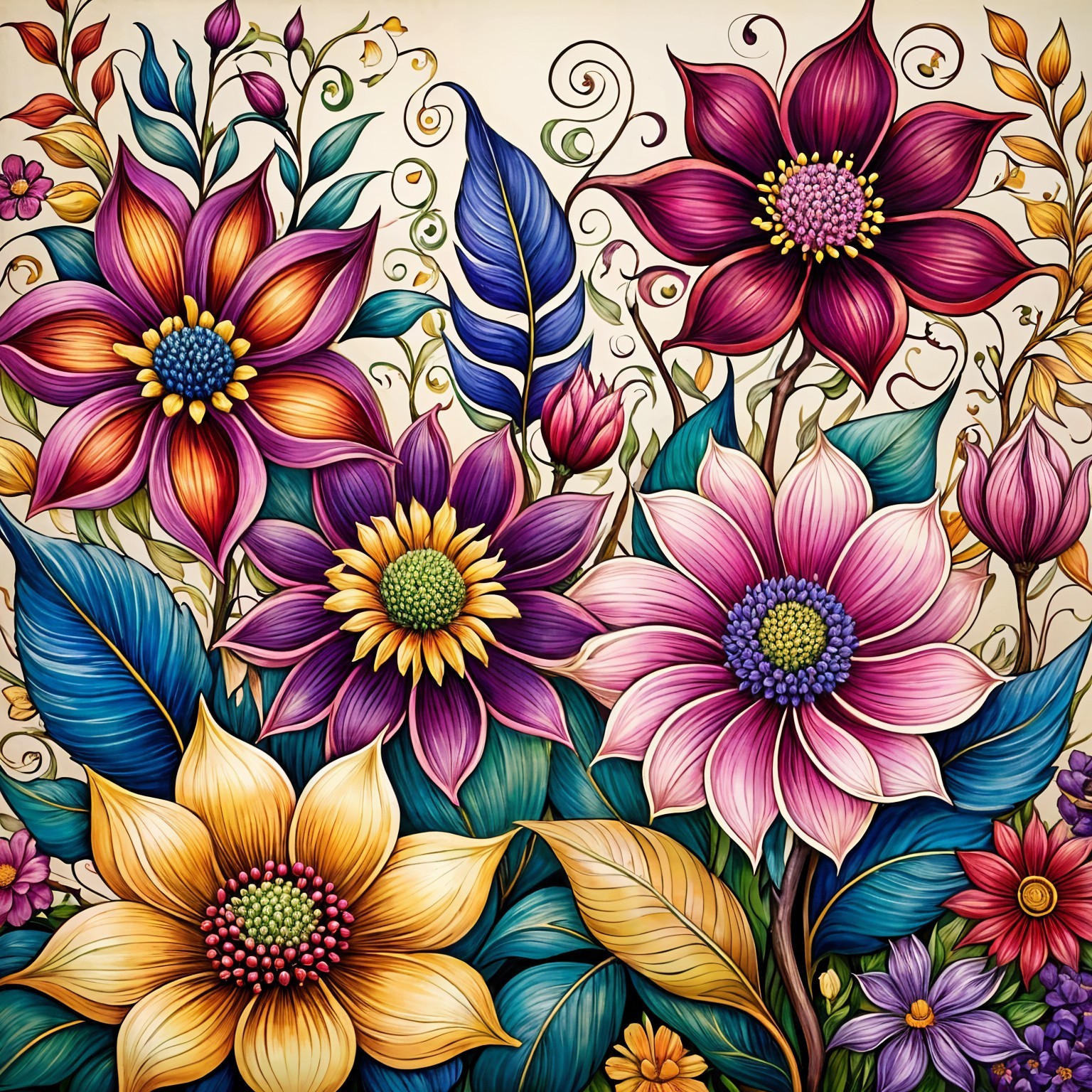 Vibrant Floral Composition with Rich Colors and Details