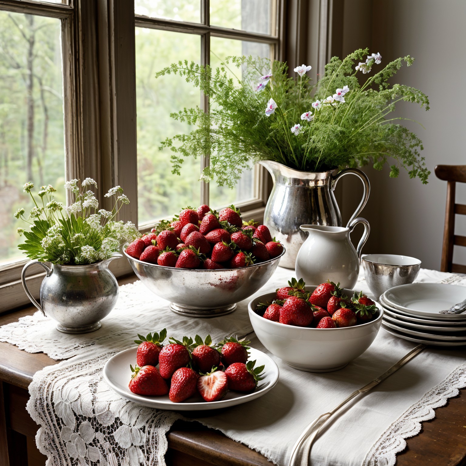 Rustic Table Setting with Strawberries and Flowers