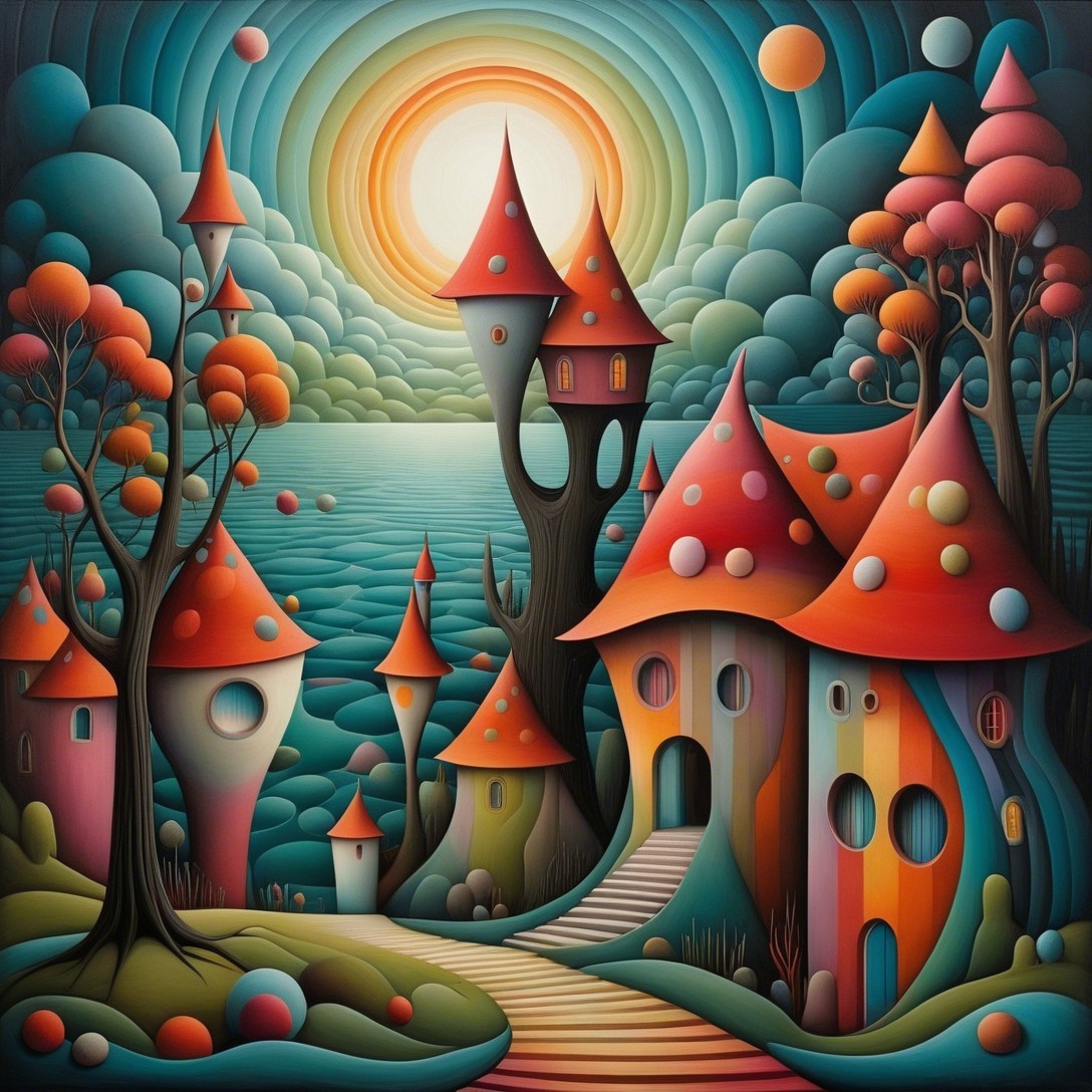 Vibrant Fantasy World with Mushroom Houses and Trees