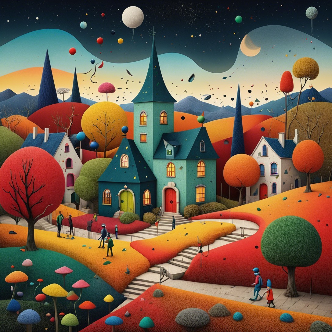 Whimsical Landscape with Surreal Houses and Night Sky
