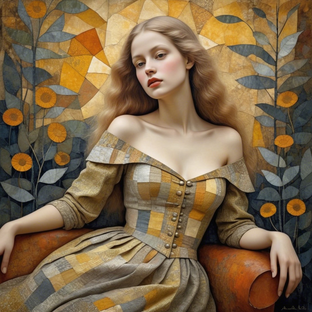 Young woman in patterned dress with floral background