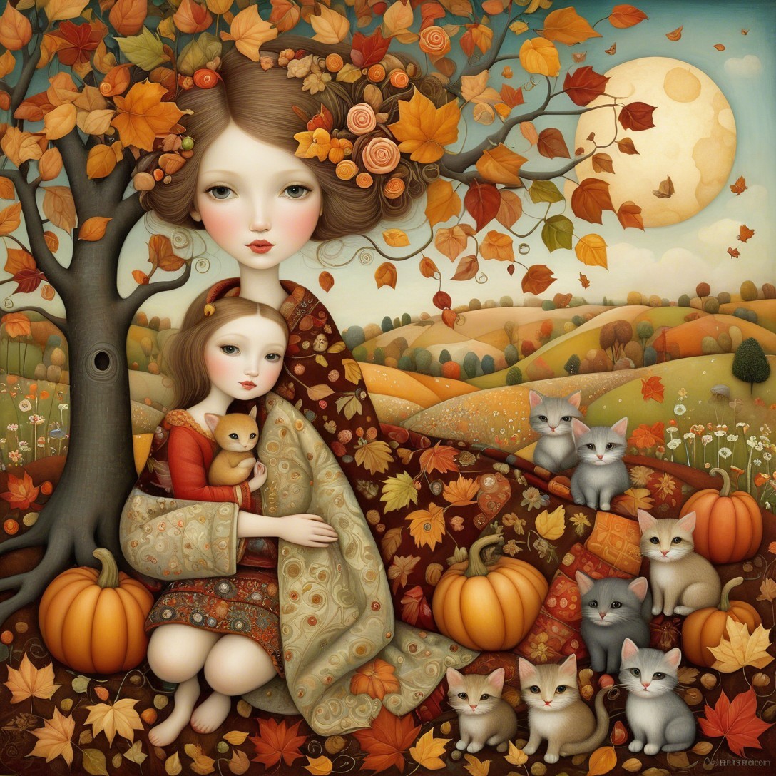 Autumn Landscape with Two Girls and Playful Kittens