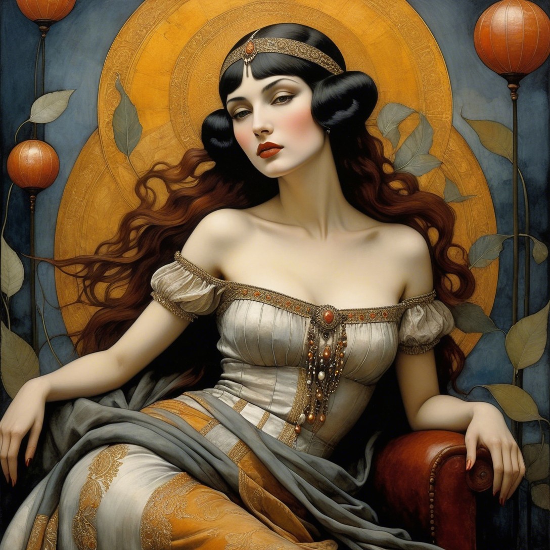 High-fashion portrait of a woman in a gold dress