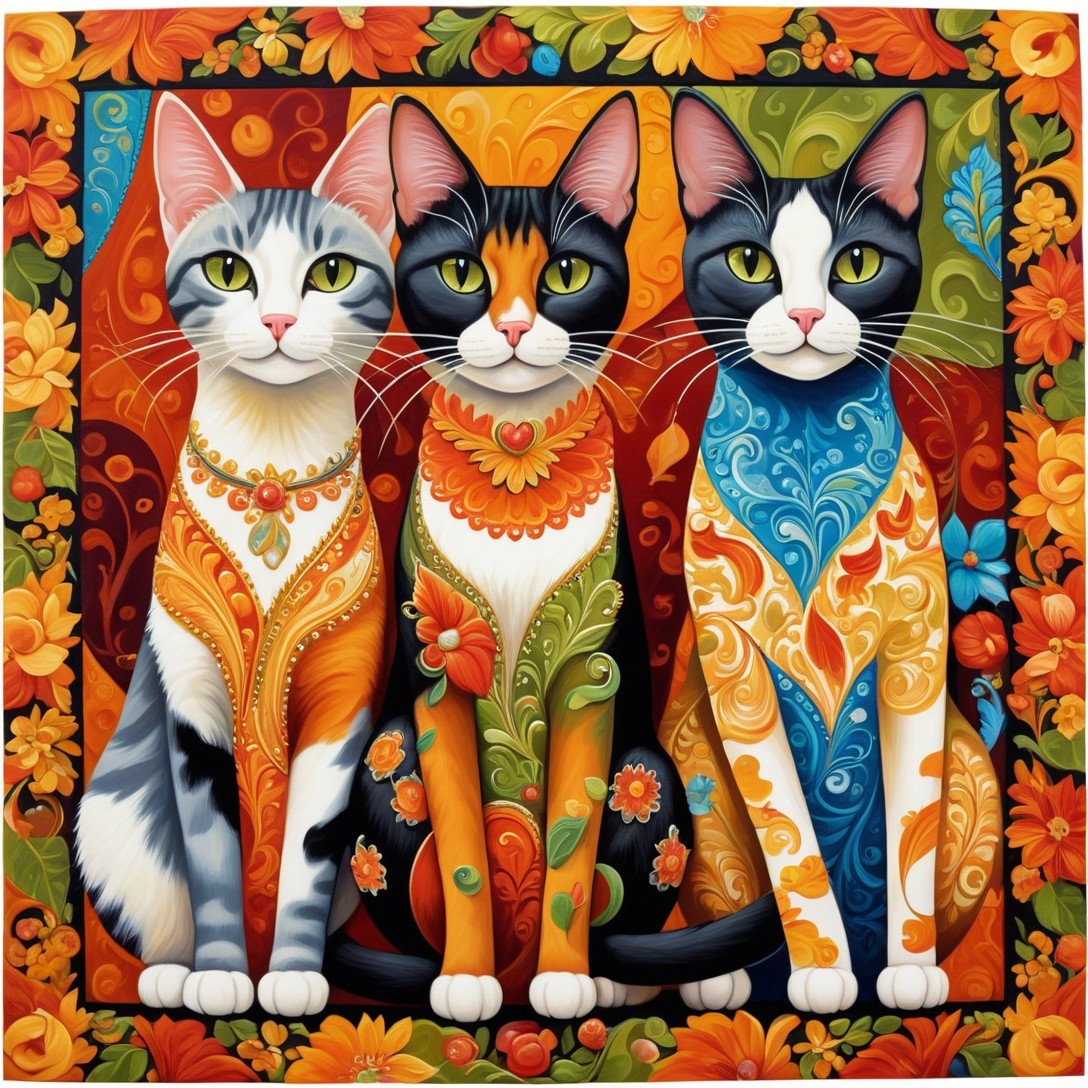 Colorful Stylized Cats Against Floral Backdrop