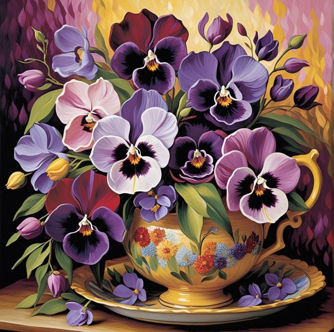 Vibrant Still Life of Pansies in Ornate Teacup