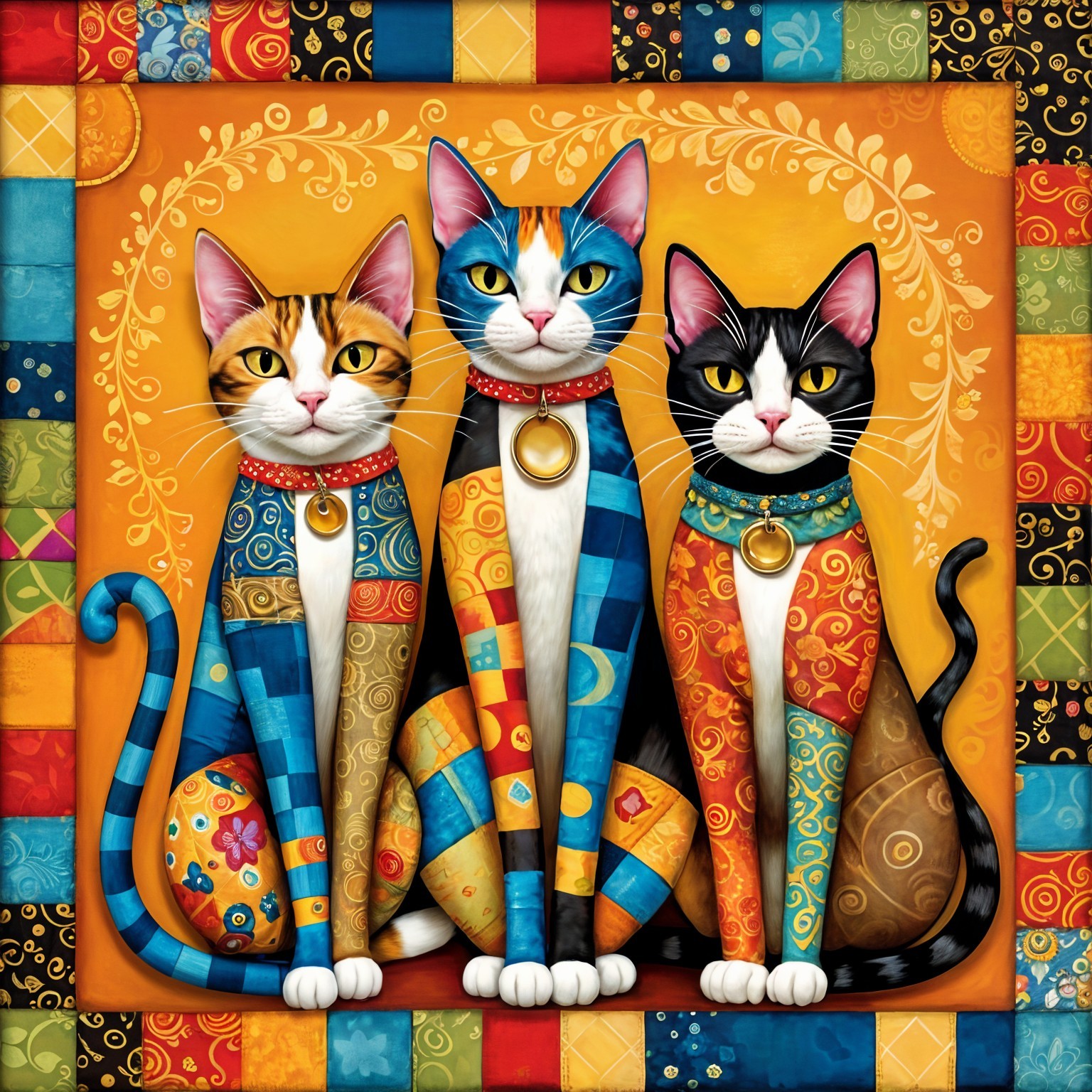 Three Colorful Cats in a Vibrant Patterned Setting