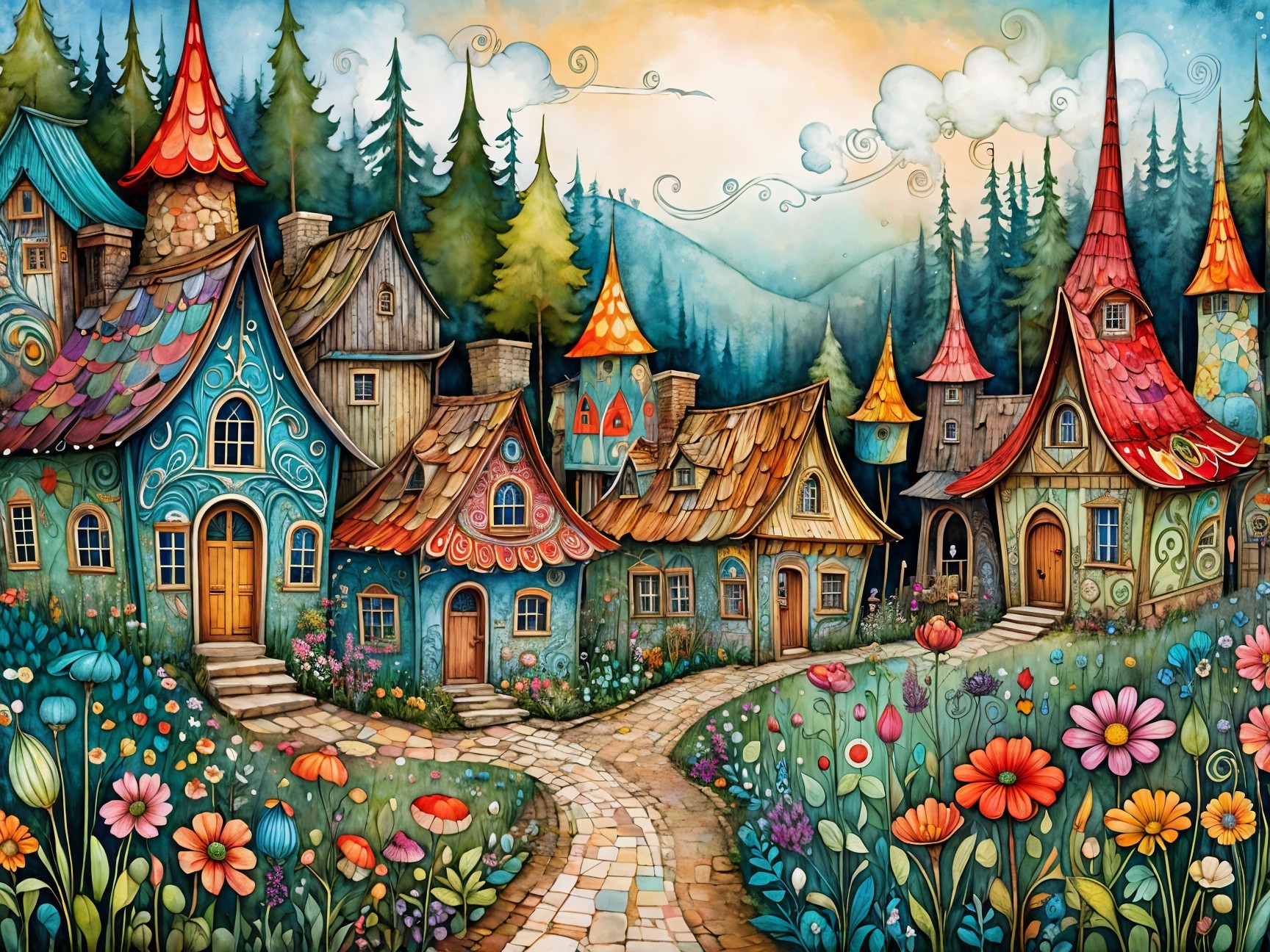 Whimsical Village Scene with Colorful Houses and Gardens