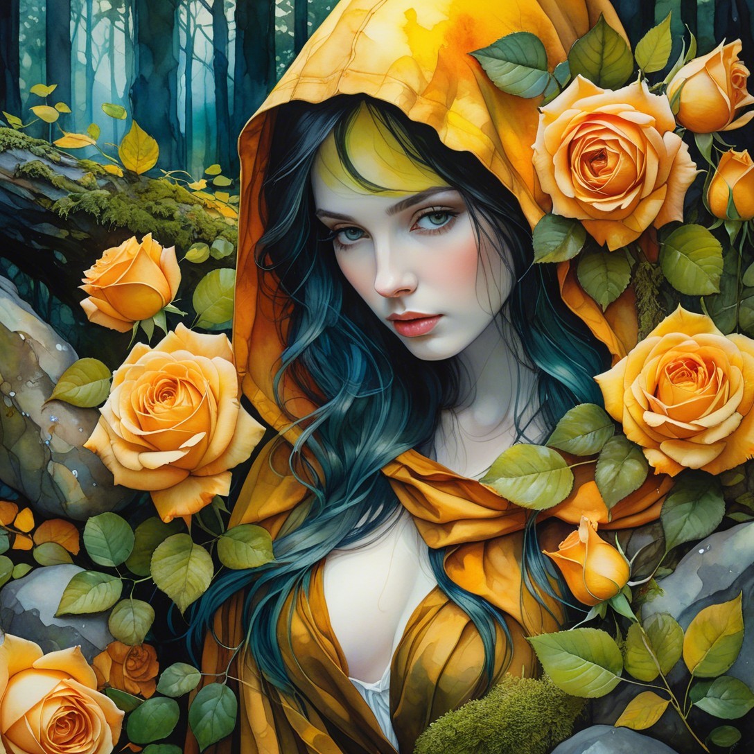 Portrait of a Young Woman in Yellow Cloak with Roses