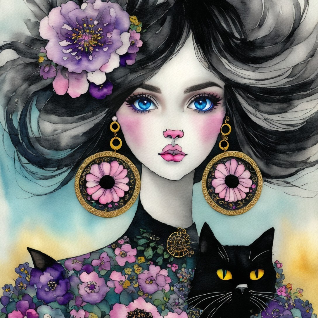 Illustration of a woman with blue eyes and dark hair