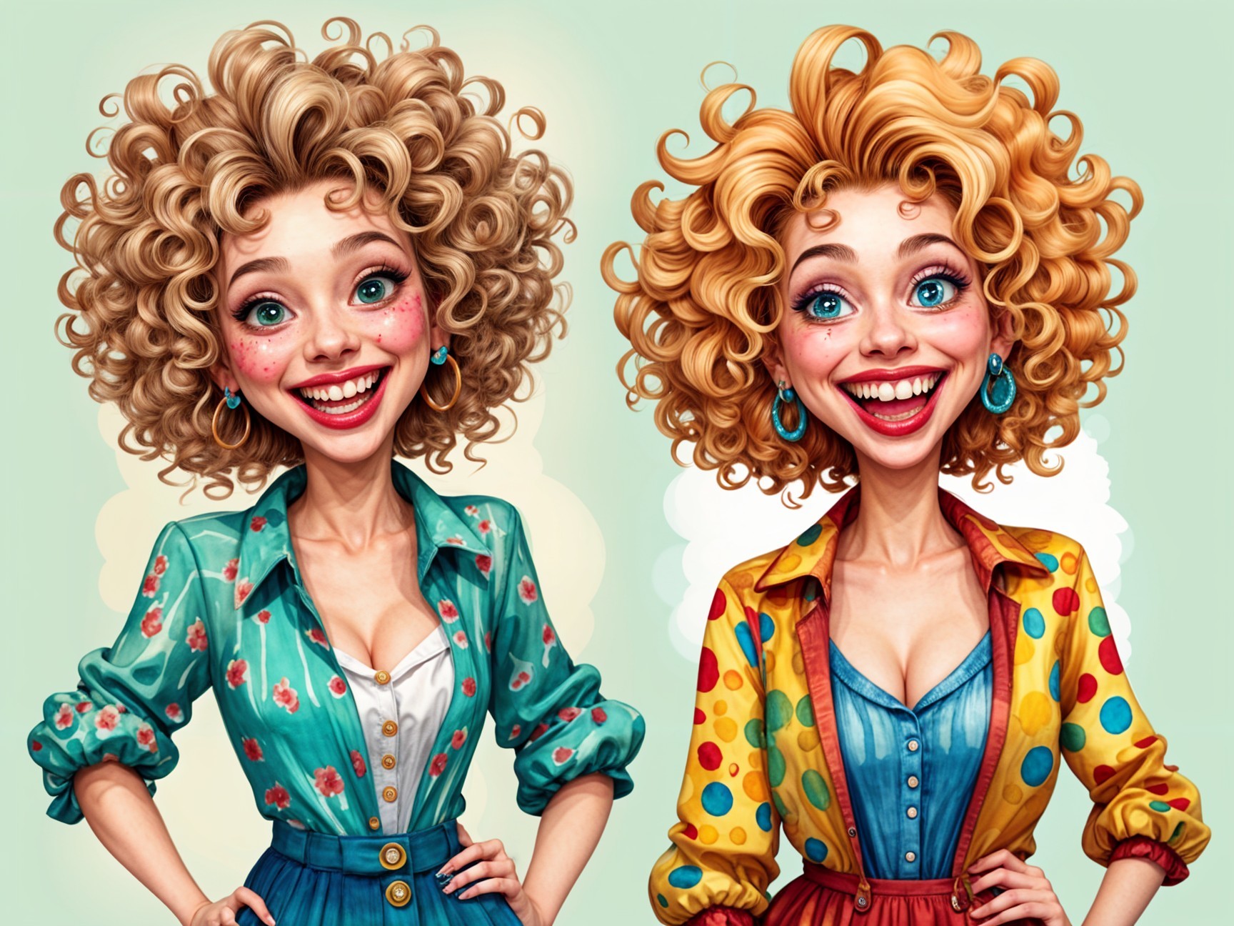 Cheerful Characters with Curly Hair and Bright Outfits
