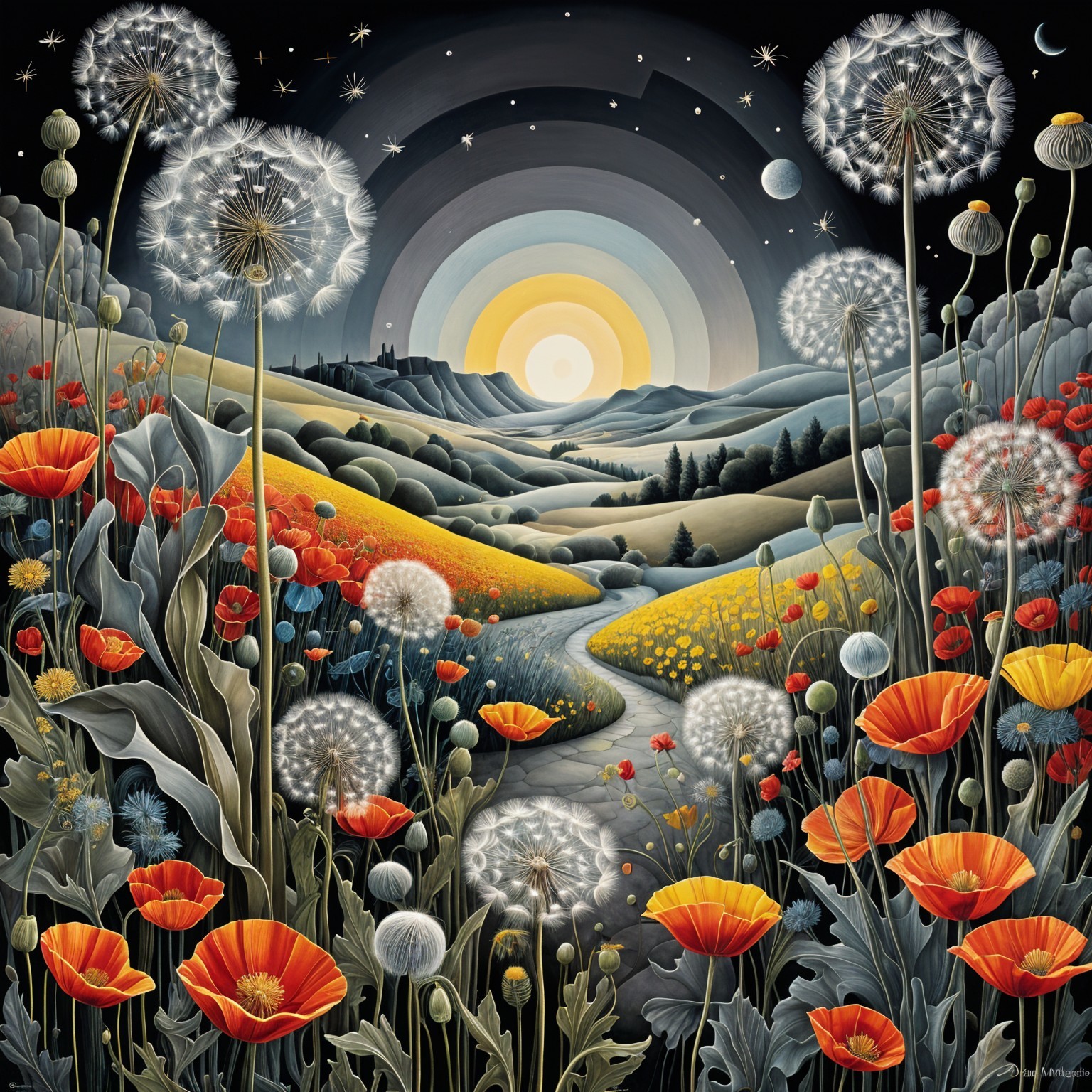 Vibrant Landscape with Rolling Hills and Flowers