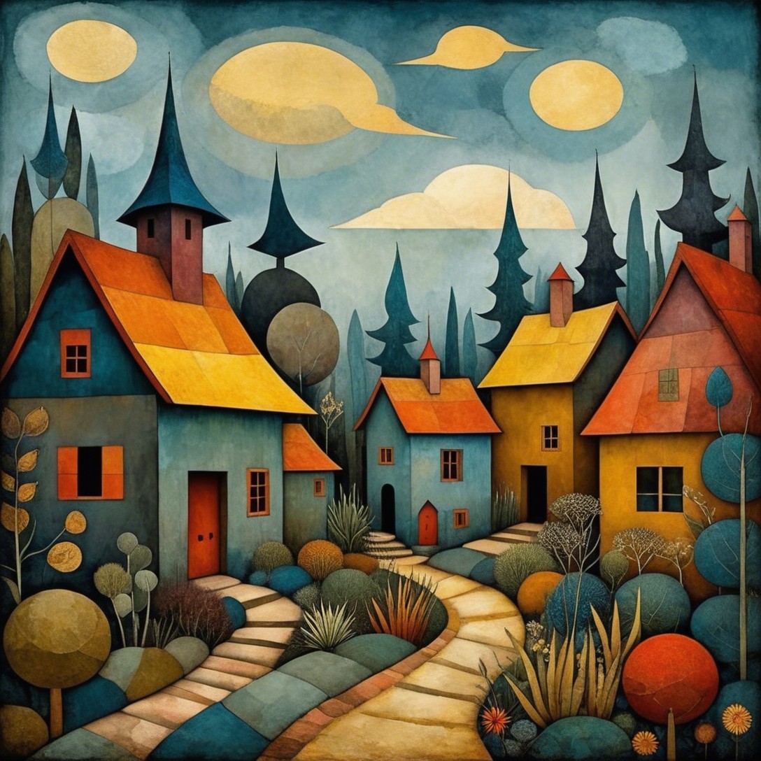 Whimsical Landscape with Colorful Abstract Houses