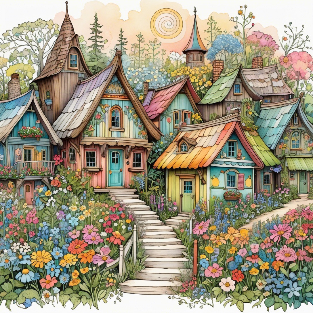 Whimsical Village with Colorful Houses and Gardens