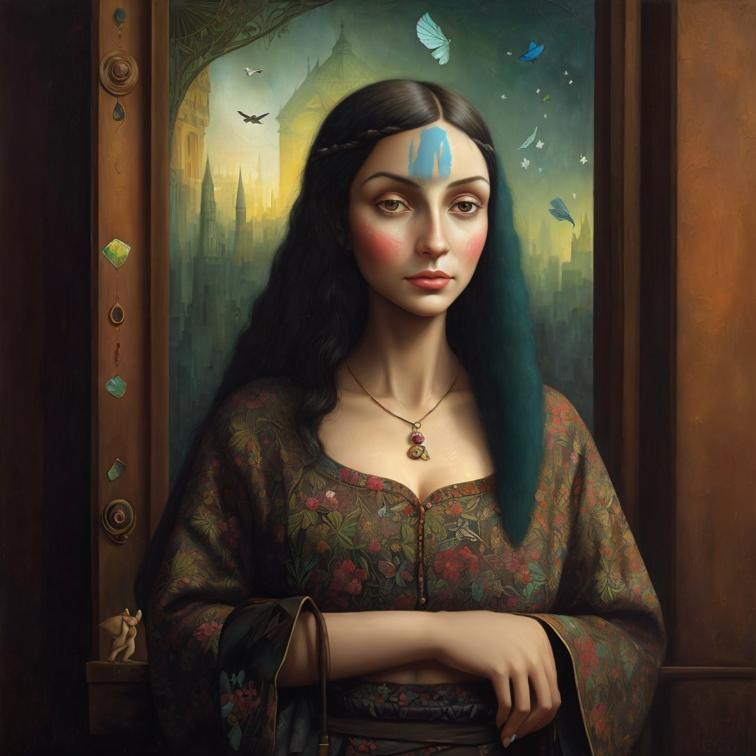 Young woman in ornate window with mystical cityscape