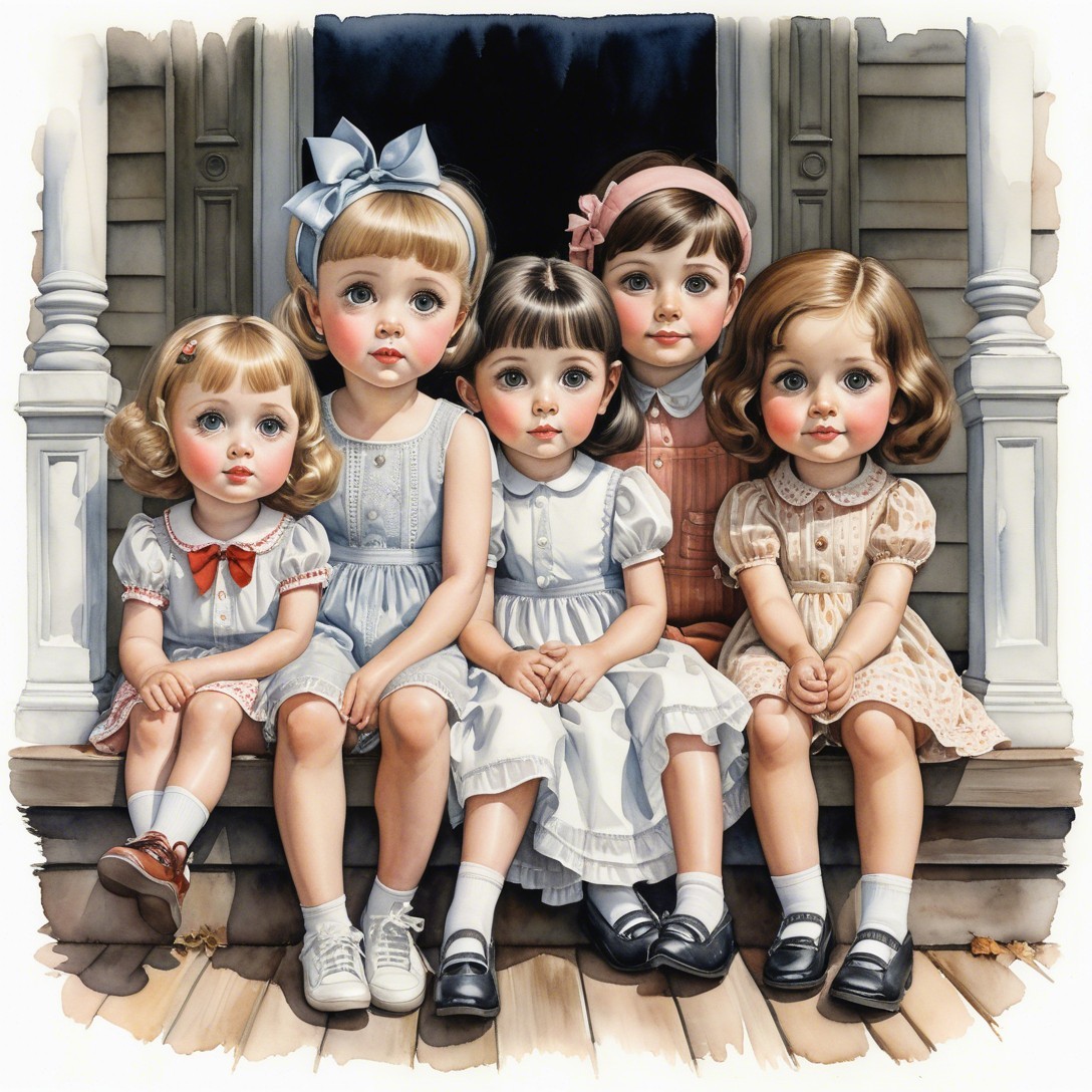 Vintage Illustration of Five Girls on a Porch