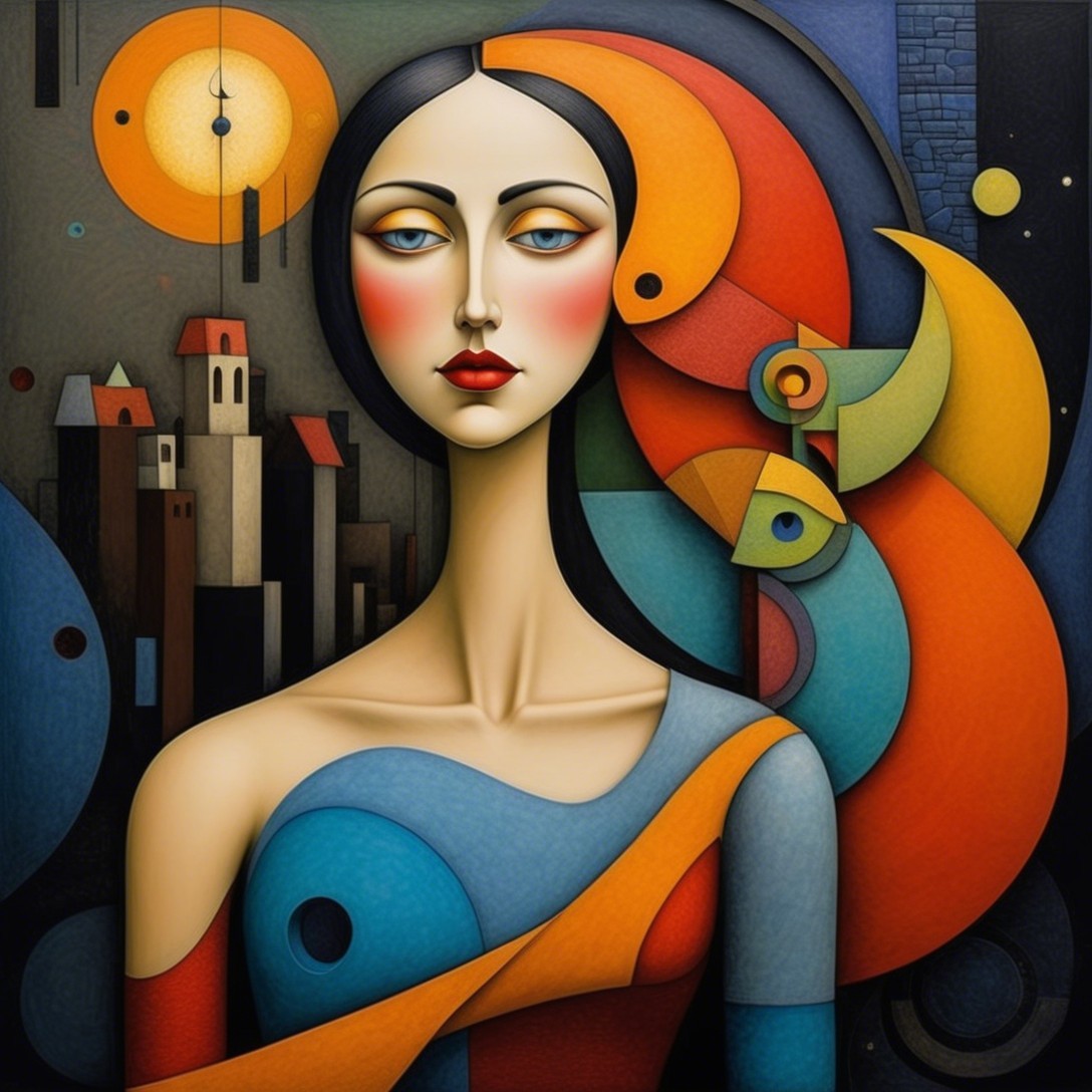 Stylized Woman with Angular Face and Colorful Hair