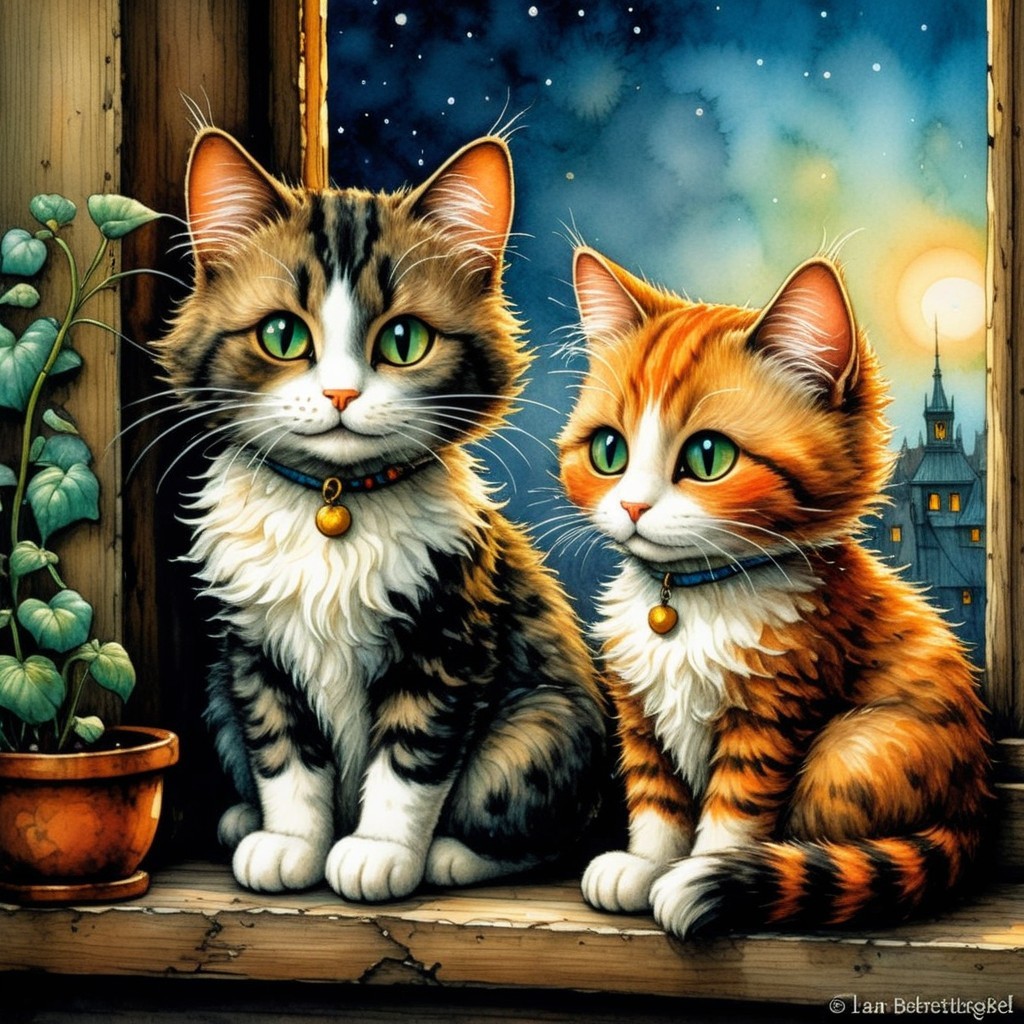 Cats on Windowsill Overlooking Nighttime Cityscape