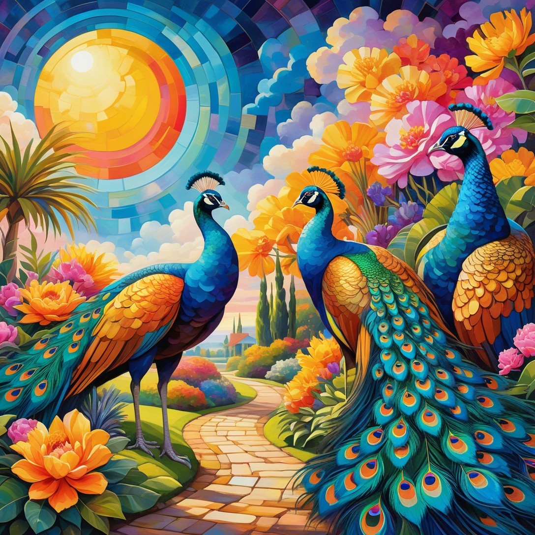 Vibrant Garden with Peacocks and Colorful Flowers