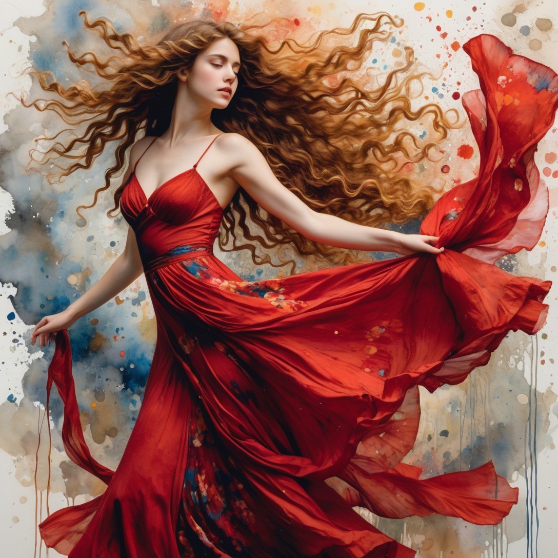Young woman dancing in a vibrant, colorful scene
