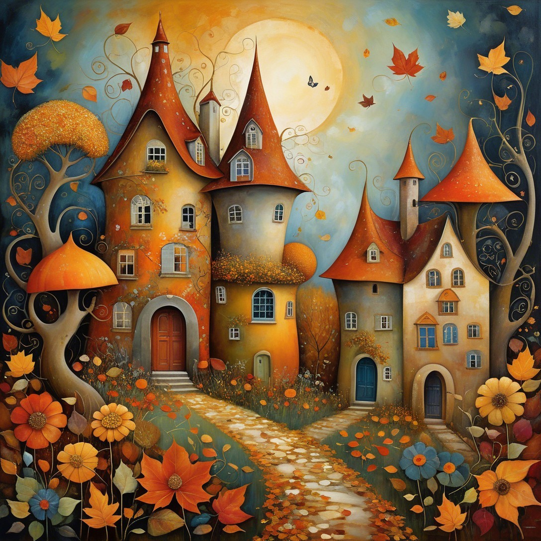 Whimsical Autumn Landscape with Colorful Houses