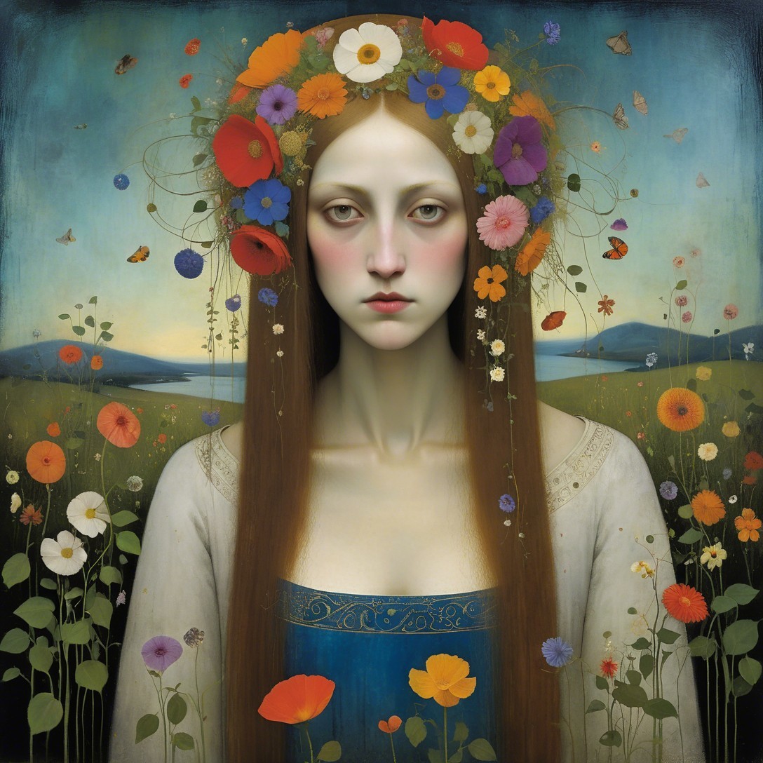 Serene Woman in Floral Crown in Lush Landscape