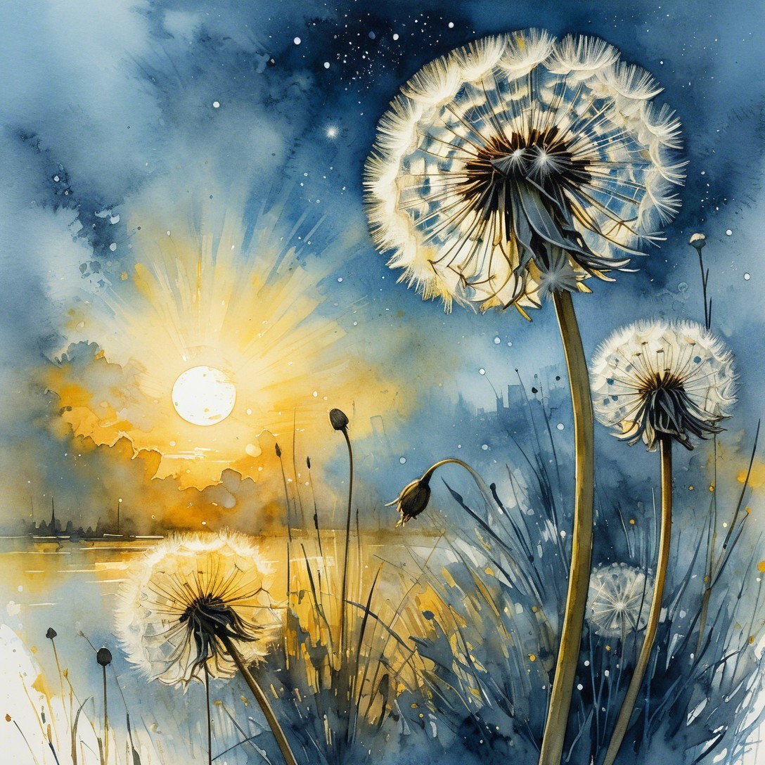 Dandelions in Bloom Under a Radiant Sunset Landscape