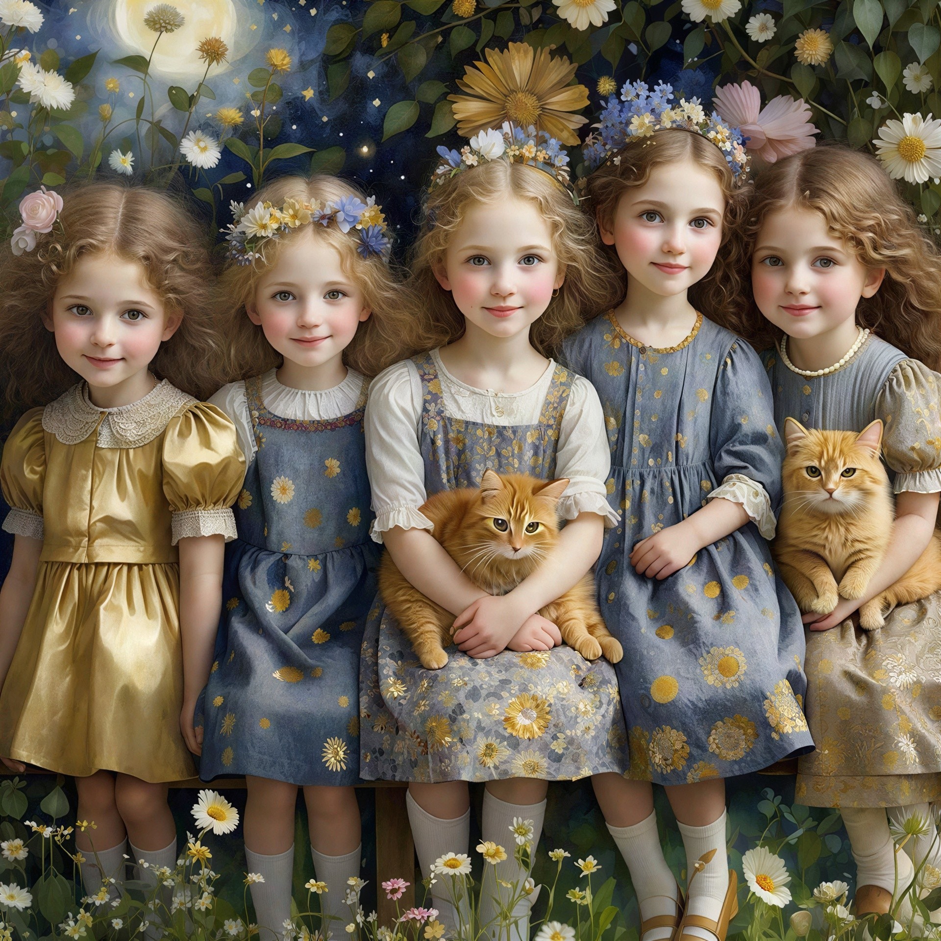 Young girls in floral dresses with cats in moonlight