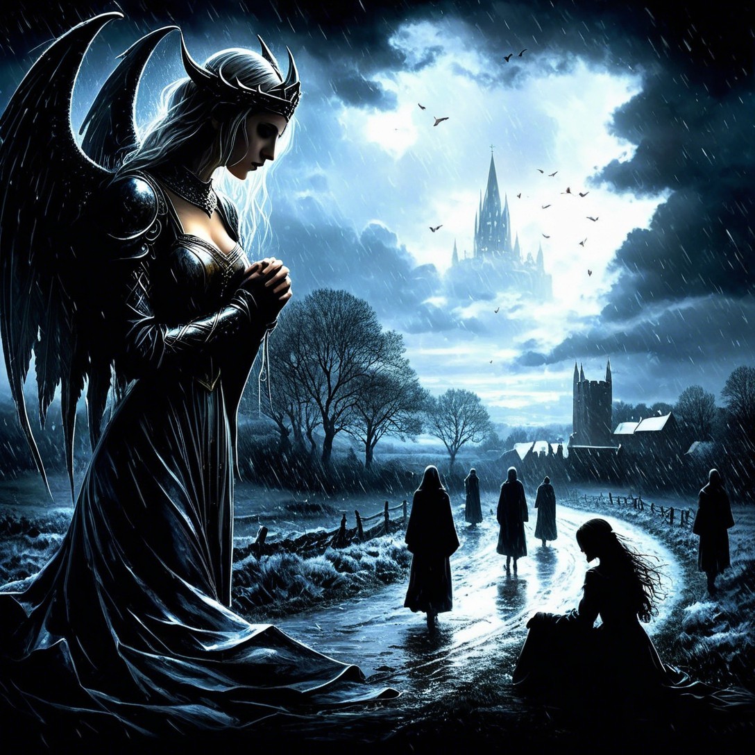 Angelic Figure in Dark Landscape with Castle and Rain