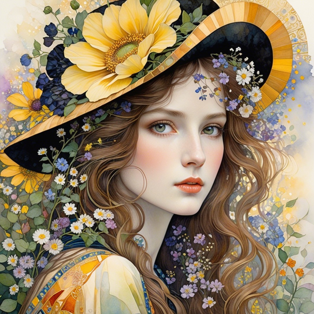 Portrait of a Young Woman with Floral Hat and Background