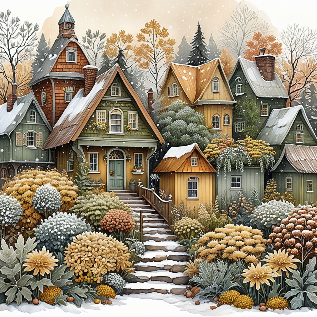 Quaint Snow-Dusted Houses on a Colorful Hillside