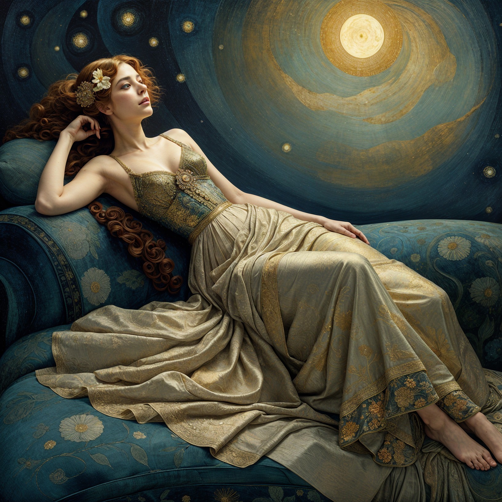 Woman with Red Hair on Ornate Couch in Celestial Scene